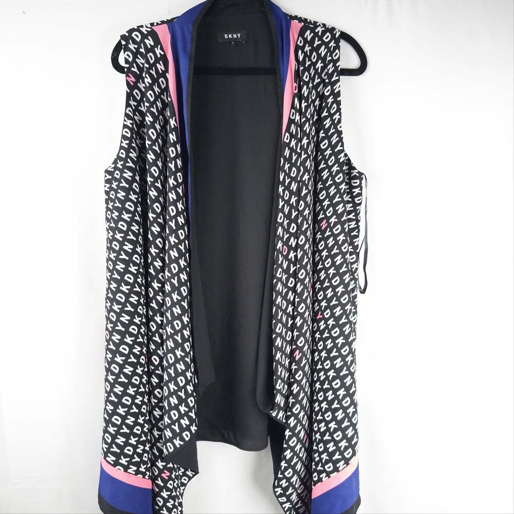 DKNY Women's Logo Print Open Front Sleeveless Long Vest